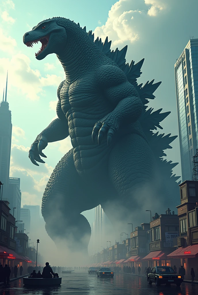 anthro, male, feet((macro godzilla)), ((macro godzilla stomping on micros in a city)), pawpads, paws, worm's-eye pov view  <lora:MacroMicroLora:0.5>