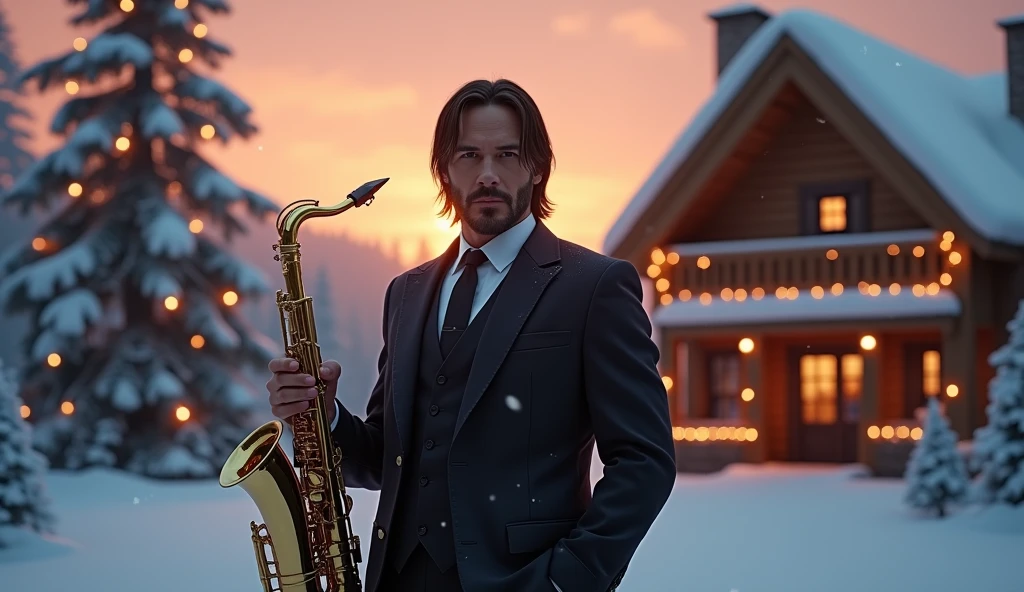 John Wick is wearing a perfectly tailored formal suit, holding a shiny brass saxophone in his hand with a refined demeanor. He is standing in front of a beautiful snowy forest during a peaceful sunset scene, the sky glowing in shades of orange and pink. Behind him is a large Christmas tree, beautifully decorated with ornaments and sparkling lights. Nearby, a cozy wooden house is decorated with sparkling, colorful holiday lights, adding warmth to the snowy landscape. Snowflakes gently drift in the air, adding to the magical, festive atmosphere. The scene is shot with great detail, capturing the authenticity of every element, from the texture of the suit and saxophone to the intricate decorations on the tree and house. The surreal style with sharp resolution and focus on creating a warm, festive and peaceful atmosphere. super realistic