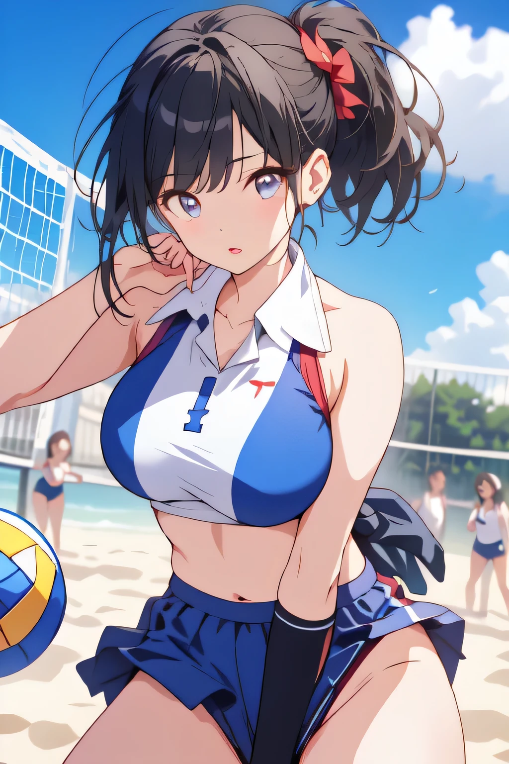nsfw, in public, oppai showcase, underboob, girl with torned volleyball uniform, jumping, playing volleyball, bottomless, panty t:1.8, , down thong, detailed face, detailed skin, detailed eyes, detailed lips, beautiful detailed facial features, highly detailed, photorealistic, 8k, hyperrealistic, ultra-detailed, realistic, masterpiece, vivid colors, natural lighting, dynamic movement, action pose, sports, outdoor, summer, beach, volleyball court