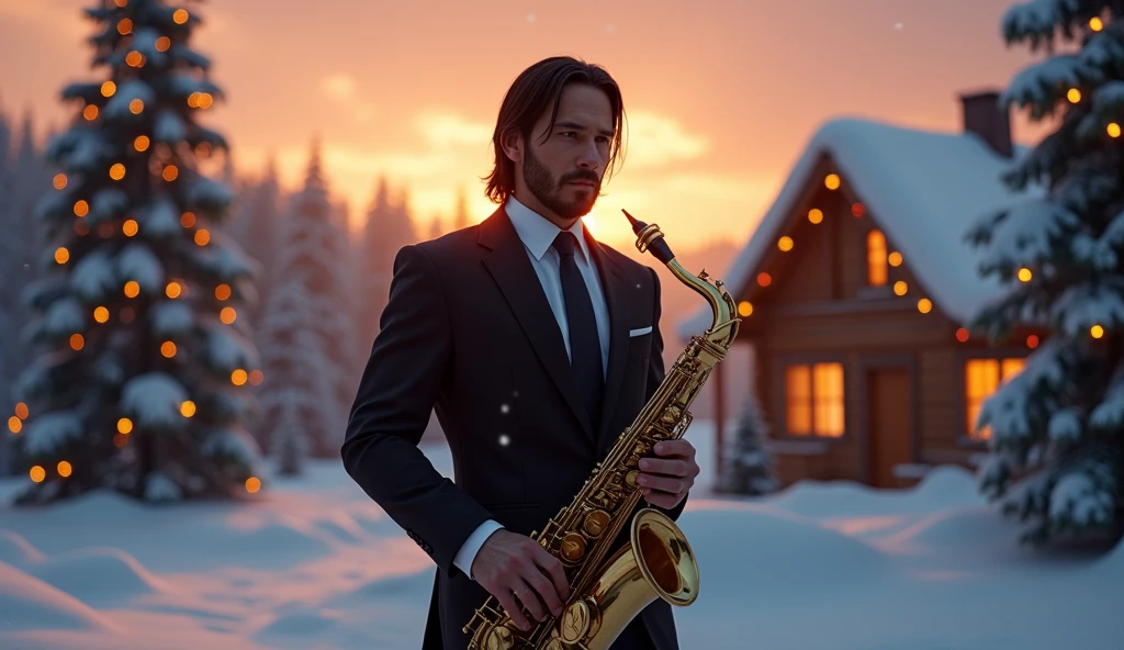 John Wick is wearing a perfectly tailored formal suit, holding a shiny brass saxophone in his hand with a refined demeanor. He is standing in front of a beautiful snowy forest during a peaceful sunset scene, the sky glowing in shades of orange and pink. Behind him is a large Christmas tree, beautifully decorated with ornaments and sparkling lights. Nearby, a cozy wooden house is decorated with sparkling, colorful holiday lights, adding warmth to the snowy landscape. Snowflakes gently drift in the air, adding to the magical, festive atmosphere. The scene is shot with great detail, capturing the authenticity of every element, from the texture of the suit and saxophone to the intricate decorations on the tree and house. The surreal style with sharp resolution and focus on creating a warm, festive and peaceful atmosphere. super realistic
