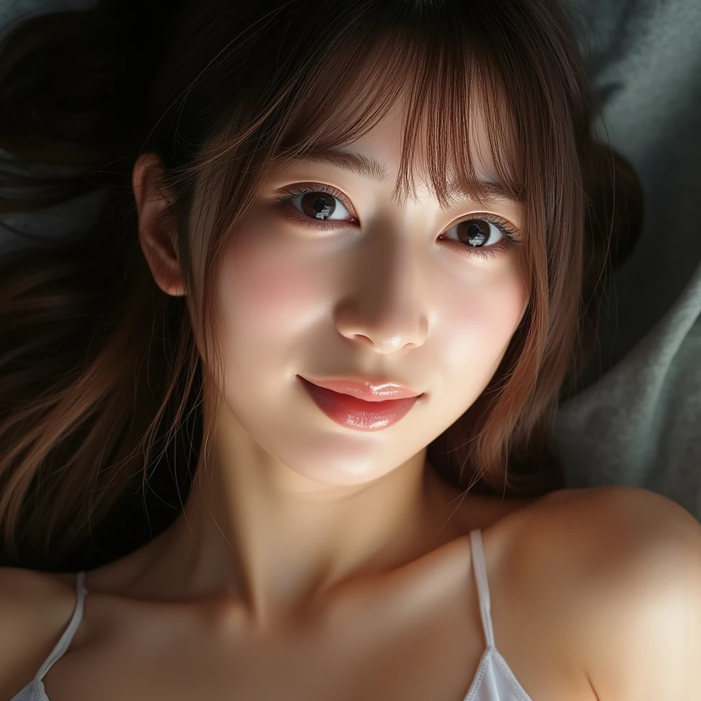 Close-up portrait, a mesmerizingly enchanting smiling East-Asian woman with bangs, beautiful detailed eyes,long hair, hair down, beautiful detailed lips, extremely detailed eyes and face, long eyelashes, 1 beautiful japanese woman, realistic, photorealistic, photo-realistic:1.37, highly detailed skin, realistic body proportions, large breasts, large buttocks, white bikini, full body, best quality, 4k, 8k, highres, masterpiece:1.2, ultra-detailed, realistic, vivid colors, studio lighting, HDR, UHD, physically-based rendering, sharp focus,mysterious gazing,sexy looking , mouth softly opened,