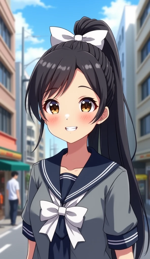 (8K、RAW photo、best image quality、High resolution:1.1)、(超realistic:1.4)、(realistic、Photoreal:1.3)、soft light、with a girl、long hair、Japanese、20-year-old、lifelike face、green eyes、realistic body、real looking skin、、absurd、masterpiece、(cute:1.8)、cuties、solo、(length:1.2)、fine black eyes、innocent eyes、cheek、(Tank top:1.2)、cinematic light、film grain、put your hand on your waist、((small tits:1.4))、pink lips、 open lips、upper teeth、(smiling eyes:0.6)、((grin:1.2))、Depth of the bounds written、blurred background、focus of the eye、Bokeh、summer、Shinjuku、met、big、105mm lens、Huge 、f / 1.4、professional lighting、young、Portrait、photon mapping、radio city、Physically based rendering、(whole body:1.2)