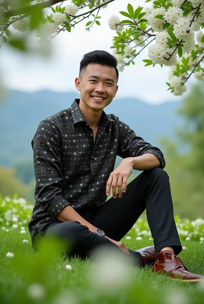 very realistic high resolution photography, ultra HD 16k. 28 year old Asian white man, neat short hair, wearing a black metallic batik patterned suit shirt with a brooch, skinny pants and shiny brown shoes, the man sits facing the camera on the green grass, smiling, in front of him there are fresh green leaves and white flowers with a blur effect, the picture was taken from a frontal perspective below with a background of bright green leafy tree branches with white flowers and mountains, full body image, very detailed and perfect color lighting looks clear and glamorous.