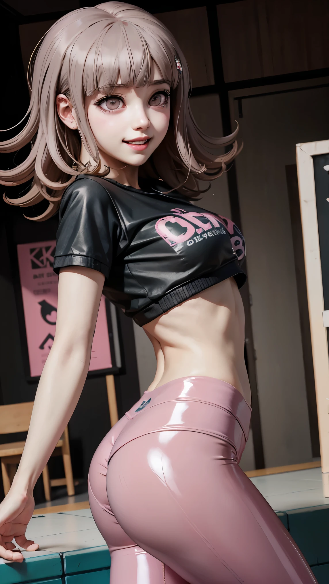 Chiaki Nanami Danganronpa, Underboob t-shirt, latex leggings, perfect ass, perfect breast, perfect body, slim, sexy, beautiful, cute, smile, 8k