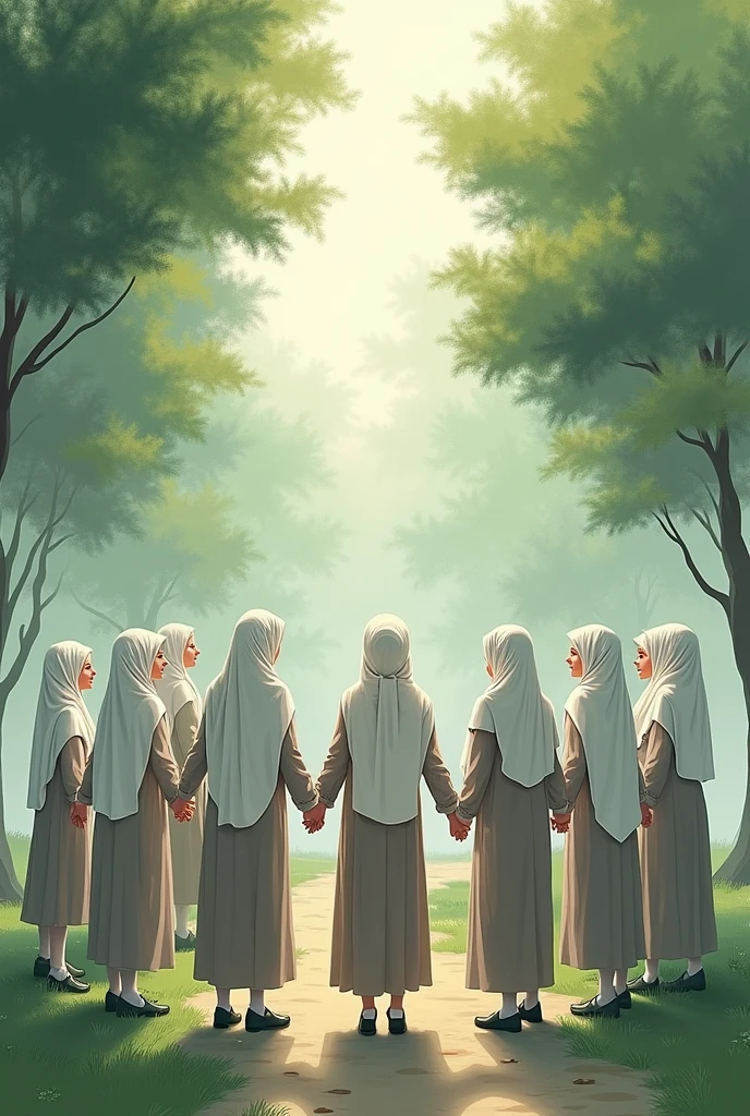 Catholic monks and nuns gathered together holding the Indonesian flag