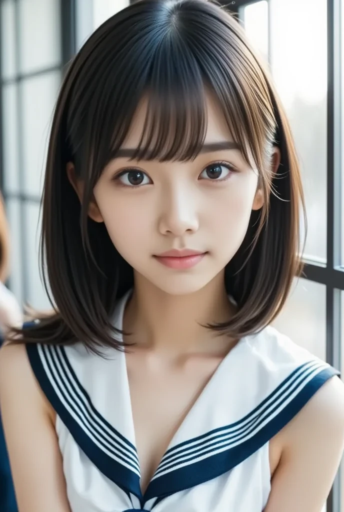 (nsfw:1.5), (masterpiece,  best quality:1.2), One Japanese girl, solo, 18 years old, ((A very cute face like a popular idol)), Beautiful model、 smaller breasts,  black hair, Slightly longer bob hair, (Sailor school uniform) 、 Beautiful Legs , In a school classroom、