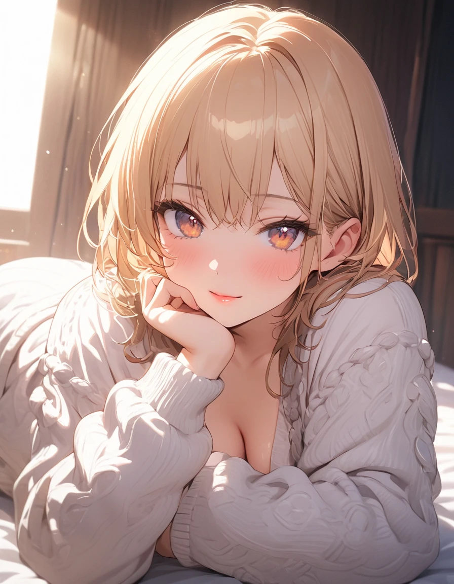 Polaroid photo, masterpiece, highest quality, One Girl, Morning relaxation, quiet, peaceful, sexy, relax, Fluffy knit cardigan, Warm lighting, Watery eyes, I can see your chest