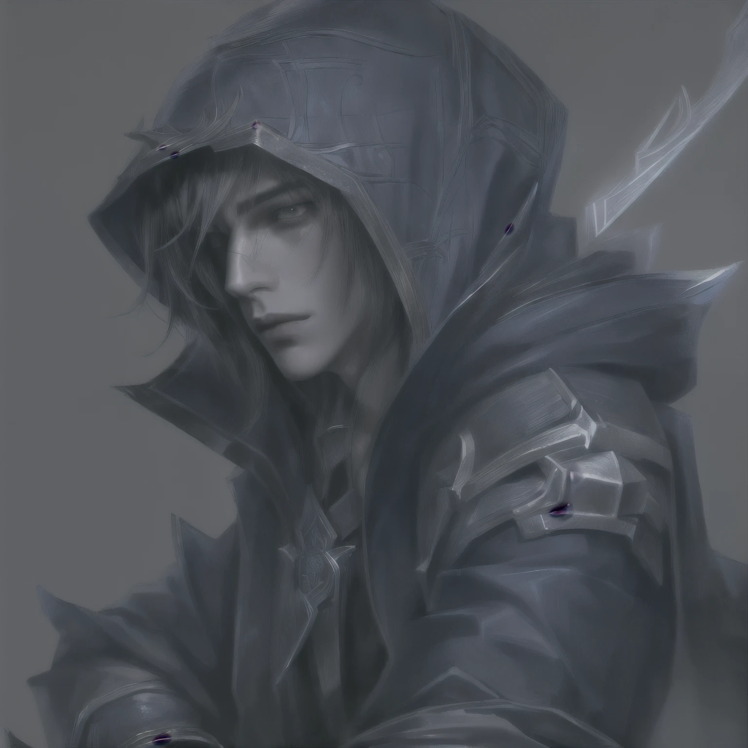 Talon (league of legends), masterpiece, best quality, realistic, 1man, young male, quiet and charming young man, 20 years old, close his eyes, serious, closed mouth, extremely detailed face, cold, ((dark eyes)),straight layered bangs hair ((hair medium hair long in length)), [thick eyebrows], ((blue clothes)), accurate, detailed, capuz na cabeça, hood, little blades in the clothes, capuz com uma ponta em cima da testa, armadura no ombro esquerdo