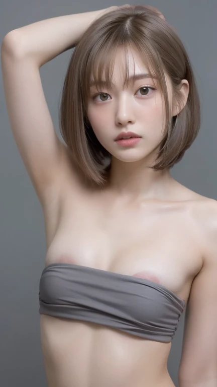 highest quality、ultra high resolution、(photorealistic:1.4)、((full nude))、beautiful eyes、blonde、brown eyes、beautiful breasts、detailed skin、thin pubic hair、NSFW, 8k quality, 8K Ultra, pixel up 10 times、Super detailed cute face、detailed lip、detailed eyes、double eyelid、natural makeup、（kind eyes）、（super cute girl）、perfect balance、small tangled naked short hair、((Black background))、、smile、Open leg stretch