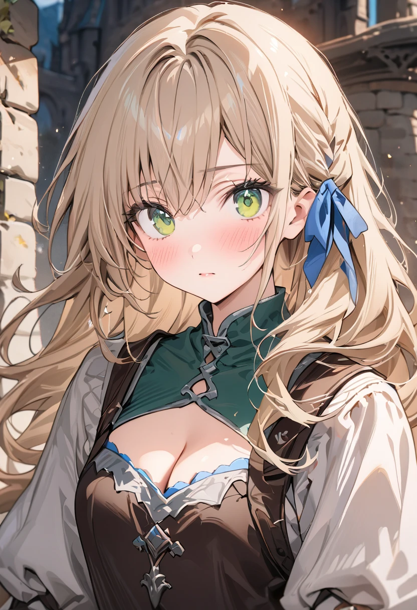 slender, mature female, steampunk, 1girl, long_hair, breasts, green_eyes, smile, looking_at_viewer, orange_hair, bodysuit, solo, large_breasts, upper_body, blurry, medium_breasts, bangs, closed_mouth, depth_of_field, eyebrows_visible_through_hair, blush, brown_hair, hair_down,