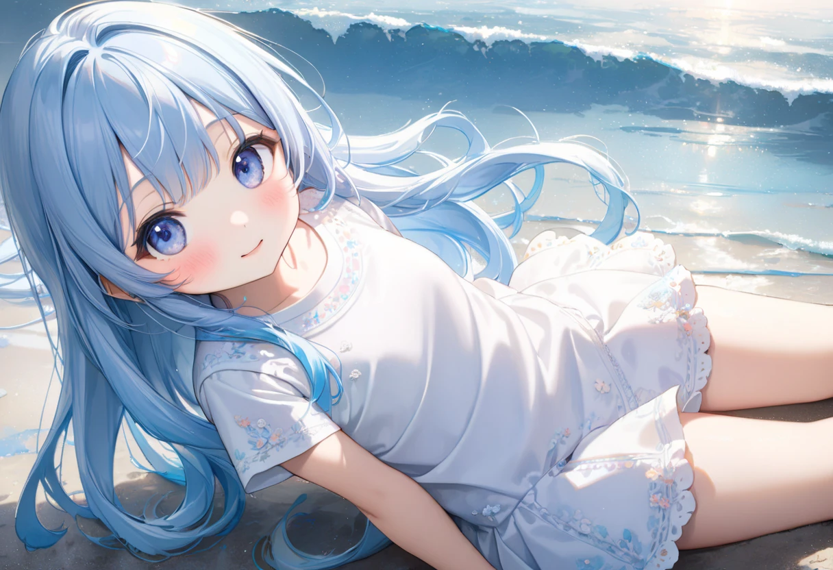 a cute girl with silver twin tails on a deserted beach, waving to a passing ship, blue eyes, white clouds, blue sky