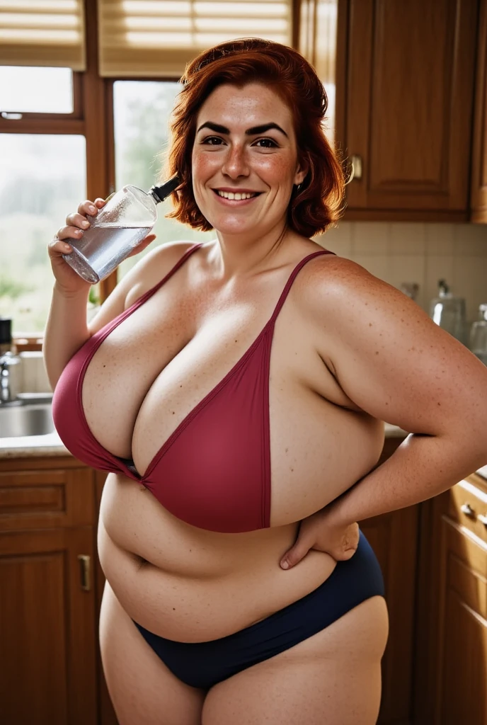 Photorealistic  picture featuring a beautiful british woman standing in her kitchen and drinking mineral water. She has a happy smile. she's with brown eyes, downturned eye shape. She has high cheekbones and dark eyebrows. She has reddish-brown hair. light skin and freckles. She's voluptuous, with soft belly, broad hips and large saggy breasts. Her attire includes a pink bikini top, dark blue swimming shorts. 