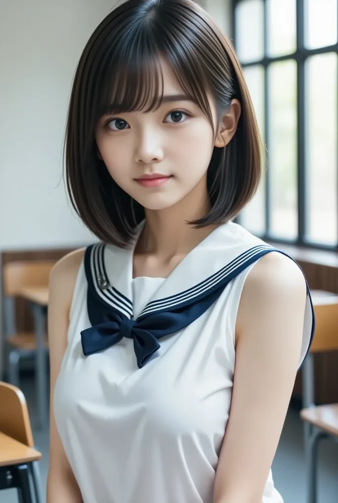 (One Girl), Very cute face, Great face and eyes, (Highly detailed eyes, Highly detailed face), Fresh, Very beautiful appearance, (Ultra-realistic, High resolution), (highest quality:1.4), RAW Photos, (Realistic, Realistic:1.37), Professional photography , (Wet and see-through sailor uniform:1.1)  , (Cleavage:1.2) , Smile a little, (look at me) , Portrait of a Girl  , (Huge breasts:1.3)   , ((15 years old))   , (short hair:0.9) , (wavy hair:1.1) , (Nipples visible through sailor uniform:1.3) , (Pussy juice:1.3) , (Please tilt your head a little) , Perfect nipples , ((Nipples are brown )) , ((brown areola))  , (Put your arms behind your head:1.3) , (The man is licking her nipples:1.4) , (sweating cleavage:1.2) , she sticks out her tongue a little