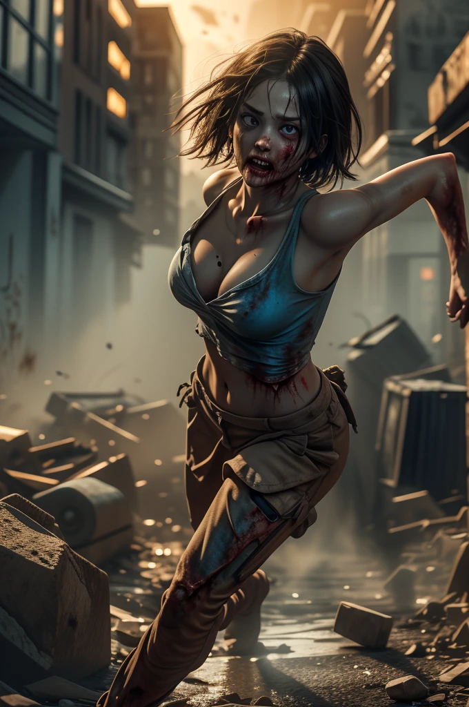 40_Zoey olderv2,Zombie,dynamic angles,masterpiece,(detailed),(detailed skin),short hair,a red bow in her hair,blue eyes,wearing a nude body,outdoors,solo,breasts,cleavage,collarbone,lips,in an apocalyptic city,extremely detailed 8K,smooth,high resolution,ultra quality,highly detailed,perfect eyes,both eyes are the same,hd,2k,4k,8k,16k,(((full body))),(((action poses))),(looking at viewer),vivid colors,volumetric lighting,volumetric light,hdr,ray tracing,