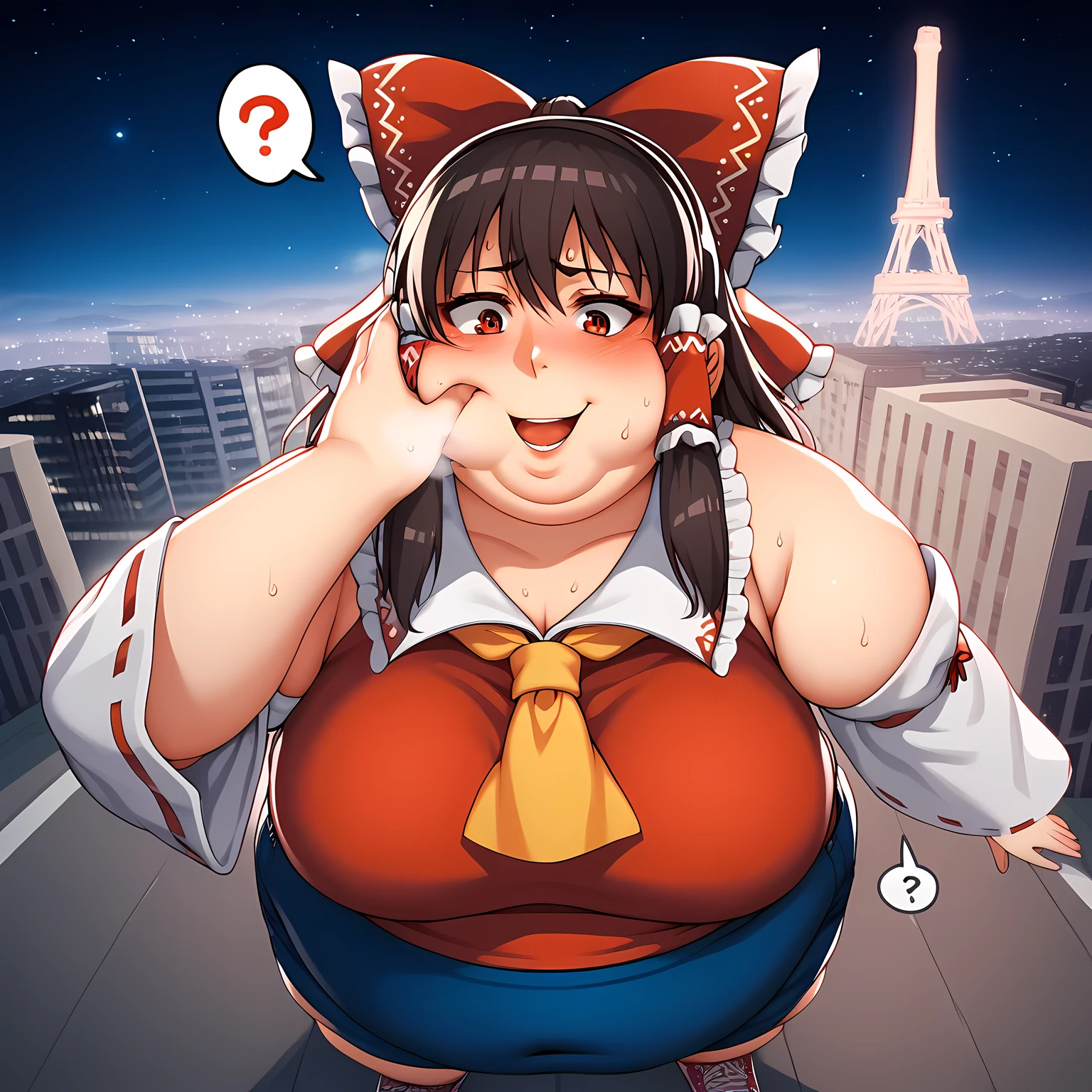 headphones, city, building, skyscraper, cityscape, earmuffs, night, 1girls, female focus, star \(sky\), solo, shoes,  street, city lights, outdoors, sky, hoodie, shorts, starry sky, night sky, sneakers, skyline, hood, road, tower,Looking at the viewer,large breast,breasts, 1girl, breast, solo, smile, sweat, collarbone, upper body, large breasts, close-up,hakurei_reimu,1girl,solo,detached sleeves,hair bow,red bow,ascot,hair tubes, swollen face, fat, chubby, obese, open mouth, out of breath, absurdres, highres icon, rating:General, confused, blush, spoken question mark, {flustered}, nervous sweating, portrait, pov hands, hand on another's cheek, averting eyes, [looking away], straight-on, from above,  upper body, masterpiece, best quality, ultra-detailed, high resolution, 8K, absurdres, highres icon,