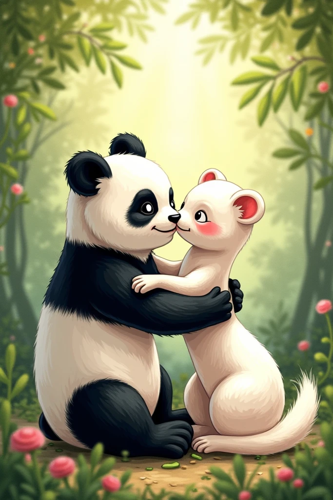 (generates a cute and adorable panda bear and white ferret in drawings