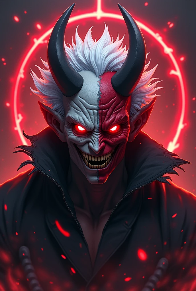 Demon man, gray skin with bright red marks, white hair, completely black eyes, smile with tongue out, drooling in hunting position 