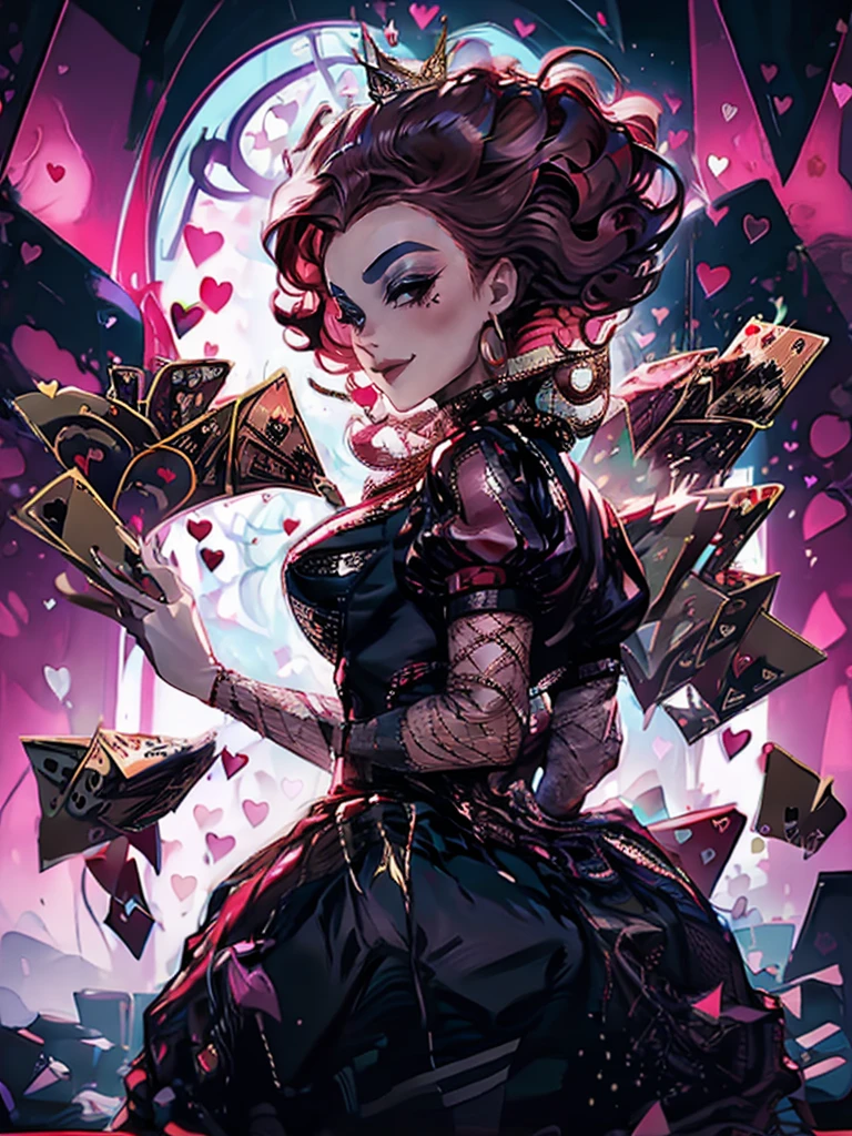 In a luxurious casino, A stunning woman wears an exquisite dress adorned with heart symbols, embodying the royal presence of the Queen of Hearts. Surrounded by a backdrop of poker cards and chips, She exudes confidence and seduction, inviting players to test their luck and skills in the game of chance. perfect hands, perfect fingers, short curly hair, red hair (queen of hearts), smiling,large smile, laughing, upper body, backwards, looking back