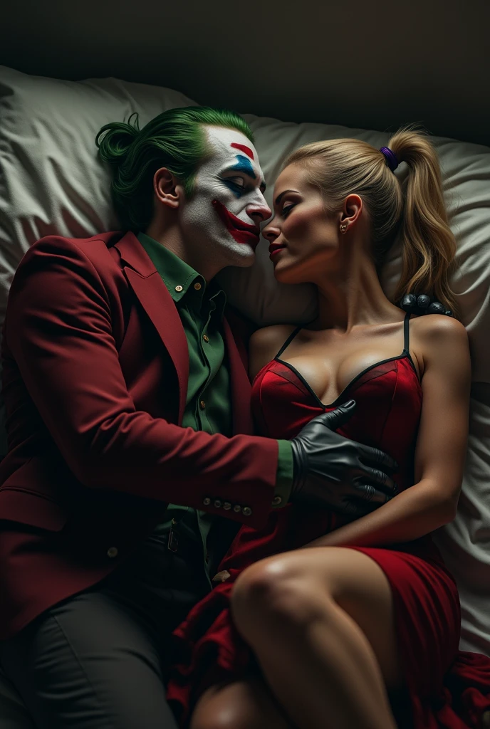 Cinematic image of Harley Quinn in black lipstick, black lingerie with red Burlesque style high heels, she is sitting on the Joker's lap