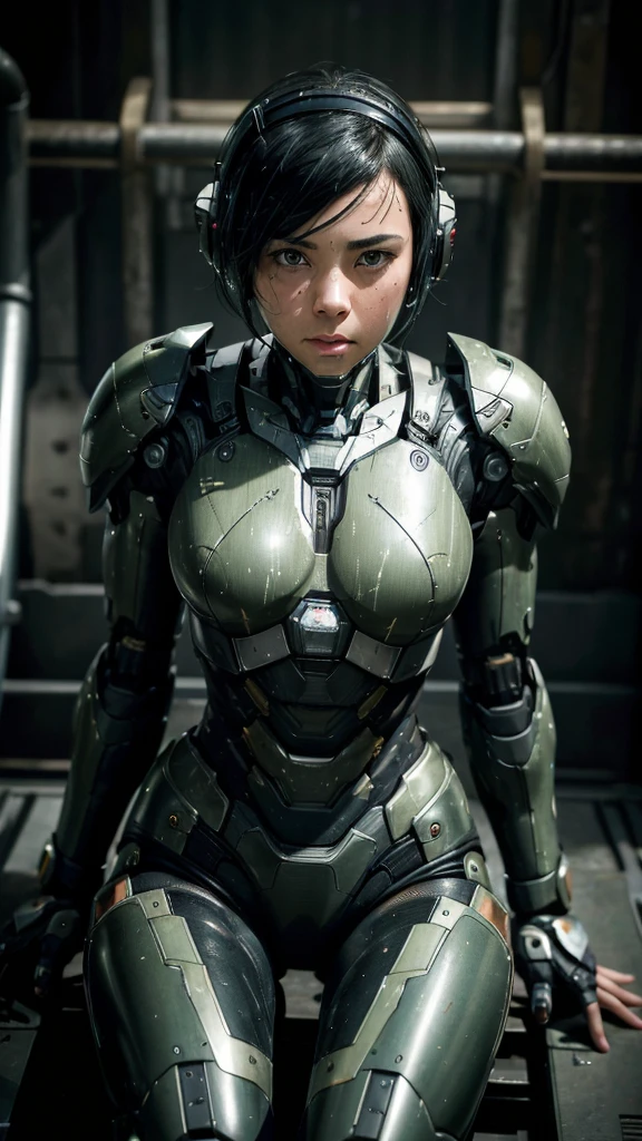 Textured skin, Super Detail, Attention to detail, high quality, 最high quality, High resolution, 1080P, hard disk, beautiful,(War Machine),beautifulサイボーグ女性,Dark Green Mecha Cyborg Girl,battle,Girl with a mechanical body,、Junior high school girl Very Short Hair、Sweaty brown eyes、Sweaty face、freckles Embarrassed expression blush cute Black-haired ((Steam coming out of the head)) Glasses squat Spread your legs M foot opening (Shyness)