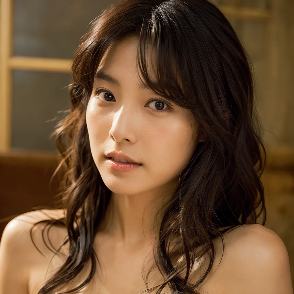 1 woman, Average Japan, Beautiful, Shot at the hotel, Beautiful backlight, Show Tent Opening,masutepiece, Best Quality, Ultra-detailed, Solo, (Night), Cheerful , shadowy, Contrasty, crystal clear skies, analog style (look at viewr:1.2) (Skin Texture) , (warm hue, Bright tones:1.2), Cinematic Light, side lights, 超A high resolution, Best Shadow, raw, Upper body, Wearing a swimsuit that looks like lingerie, Relaxed and intimate shots,Long hair with bangs、untie ponytail