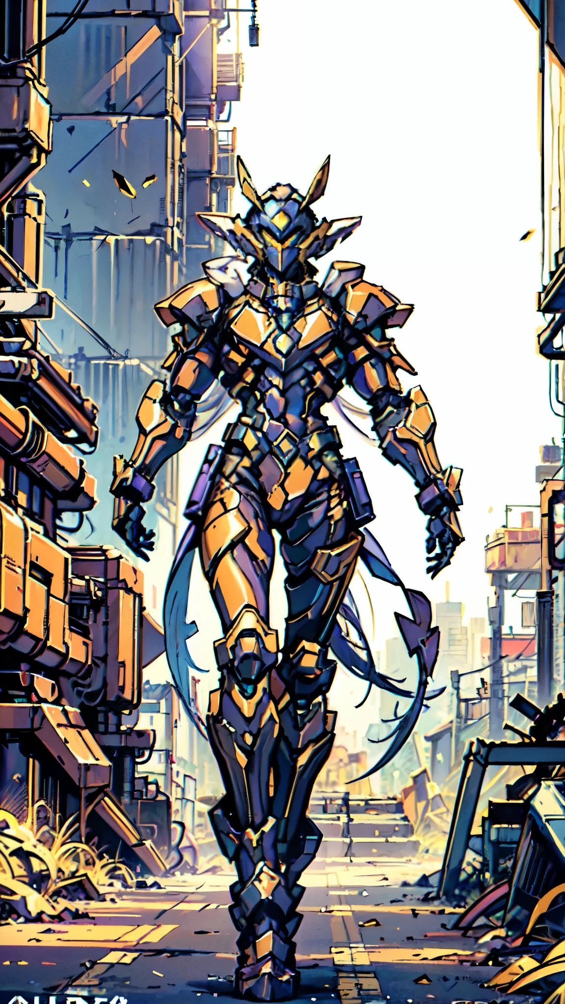 (masterpiece:1.5, best quality:1.5, extremely delicate:1.5), a woman wearing a full-face helmet, high-tech biomimetic armored combat suit, (a composite layered chest armor), the design balances heavy with agility, fully enclosed shoulder guards, matching arm and leg guards, a belt of gemstone, (the color scheme is primarily Purple with Blue and Yellow accents, Organic Biotech, Concept Inspired by queen bee, glowing eyes, armor glows), stand of a futuristic sci-fi city, this character embodies a finely crafted fantasy-style armored hero in anime style, exquisite and mature art style, metallic, high definition, highres, ultra-detailed, ultra-fine painting, professional, perfect body proportions, golden ratio, anatomically correct, symmetrical face, extremely detailed eyes and face, high quality eyes, creativity, RAW photo, UHD, 32k, Natural light, cinematic lighting, (masterpiece-anatomy-perfect:1.2)