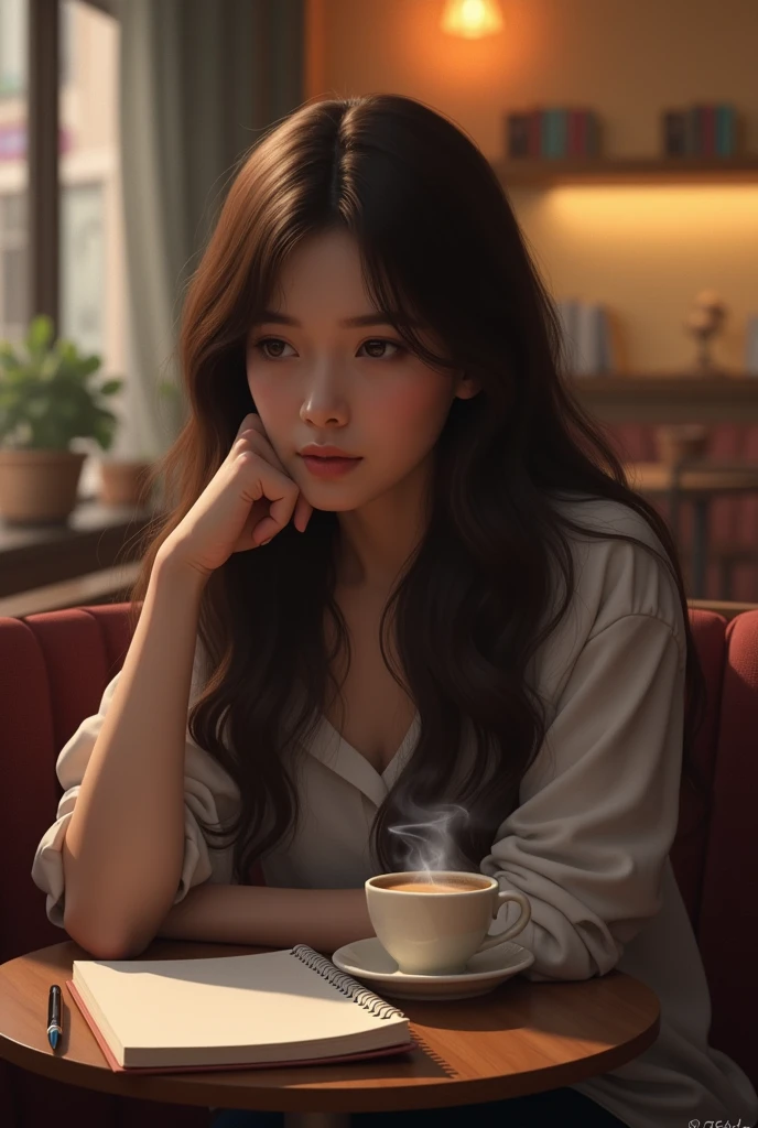 a cozy coffee shop, 1girl sitting at a table, drinking coffee, detailed face, beautiful eyes, long eyelashes, small nose, pink lips, vintage style interior, wooden furniture, warm lighting, steam rising from the coffee cup, (best quality,4k,8k,highres,masterpiece:1.2),ultra-detailed,(realistic,photorealistic,photo-realistic:1.37),cinematic lighting,intricate details,soft ambient lighting,rich colors,harmonious composition