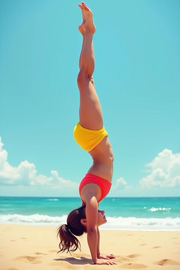 Big breasted woman doing a handstand in the middle of the beach