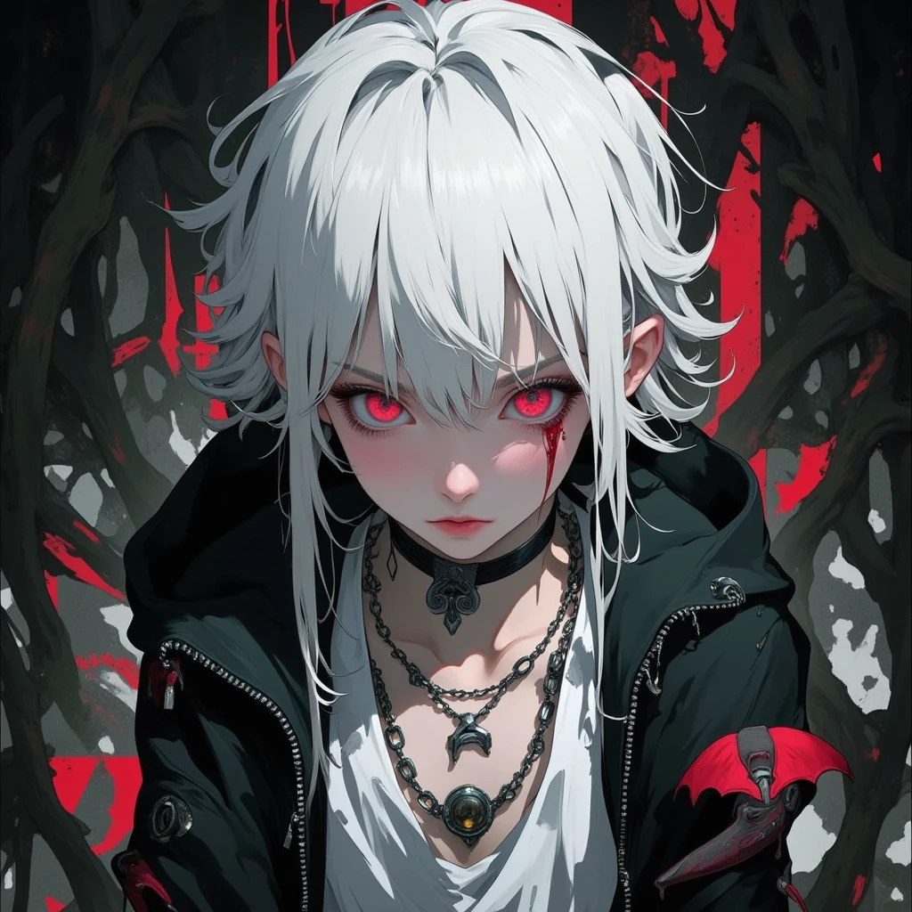 a boy, white theme, very short hair, sharp eyes,glance at me,angry,ethereal 
 background, dark background,kawaii anime, white hair , flat animation, neckless, black jacket, black cloth, white inner shirt, tattoo, angry,fantasy art,