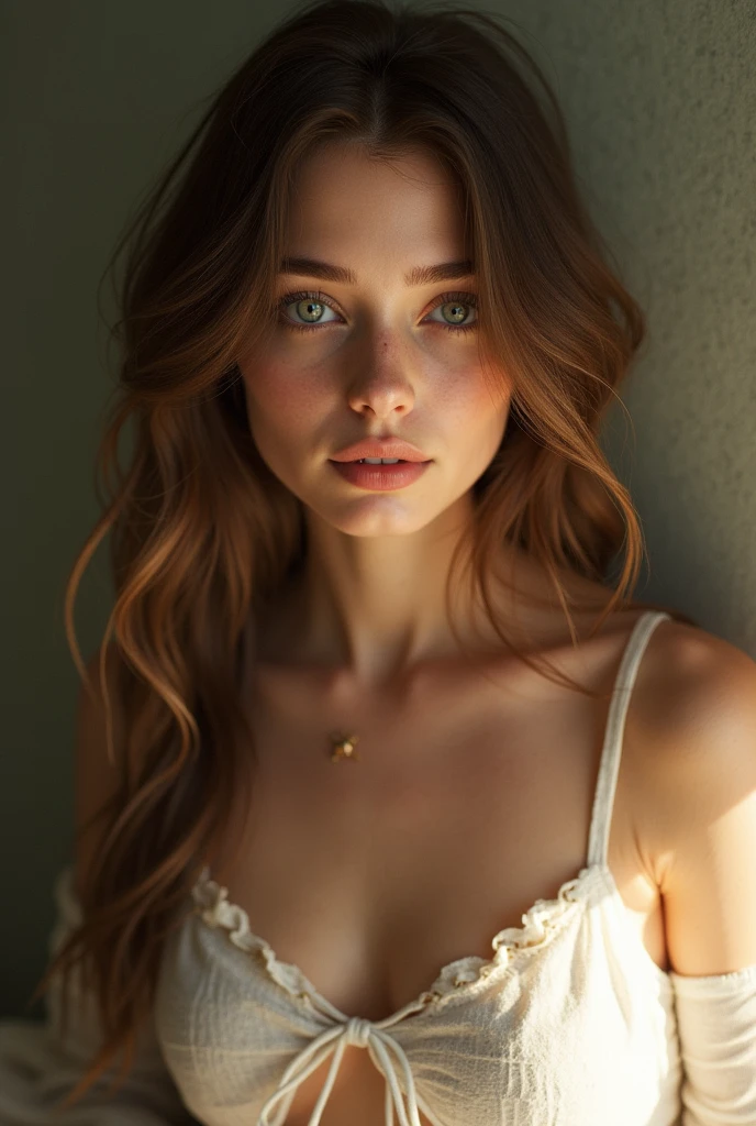 (masterpiece, photorealistic:1.4, extremely intricate:1.3), (photon mapping, radiosity, physically based rendering, ultra resolution, hyper-realistic, photorealistic:1.4, hyper-realistic, 8K), ((((solo, 1girl) teenage supermodel, (mysterious, smirk, bright lipstick)), makeup:0.2)), dark room, dark background, black background, solo, BREAK; BREAK ((((blonde short curly hair, [green eyes:blue eyes:0.8]), [skin detail:freckles:0.6]))), ((fujicolor)), (((([large breasts:medium breasts:0.2], (bedroom, (her soft blue pajamas have a loose fit and we can see her decolletage, 19 years old girl)), ((portrait, closeup, decolletage))), dark bedsheet, bokeh, sharp focus)))
