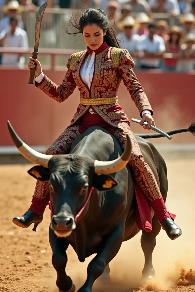 A thick black woman with a ((bull horn crown)) made of diamonds riding a Bull, bull zodiac sign, black woman riding a bull, red clothes, afrofuturism, hip hop clothes, rapper, ultra quality, beautiful face, curly Hair, very detailed