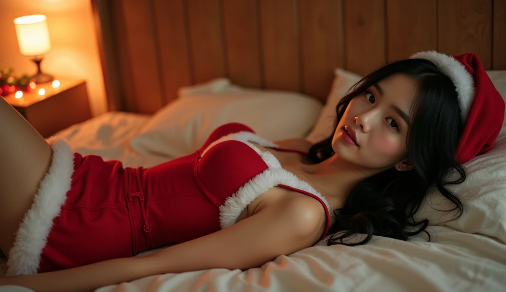 full image of a beautiful 25 year old Japanese girl in red polka dot pajamas and black blouse covered with sheet on the bed with her mouth open, cabelos longos e espalhados pela cama, cabelos espalhados, ela tem um decote ousado e sexy, A garota tem a boca grande e aberta, ela usa uma calcinha vermelha, she has her tongue out, she is very sleepy, ela boceja muito ao mesmo tempo, boca totalmente aberta, ela tem a boca muito aberta, your mouth is exaggeratedly open and showing your tongue, tem os olhos fechados, facial expression of sleeping and just waking up, she is stretching (one of the arms up and the other arm is in front of the mouth) ((Mais detalhes)),