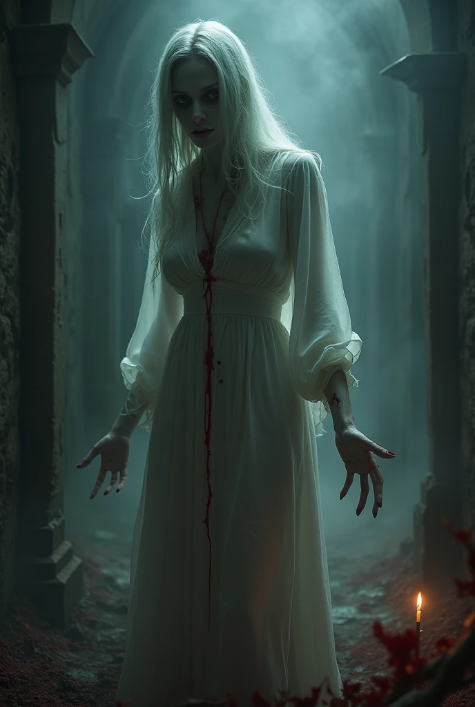 Make a woman with white hair, that is dressed in white, that has blood on his hands. It must be coming out of the water