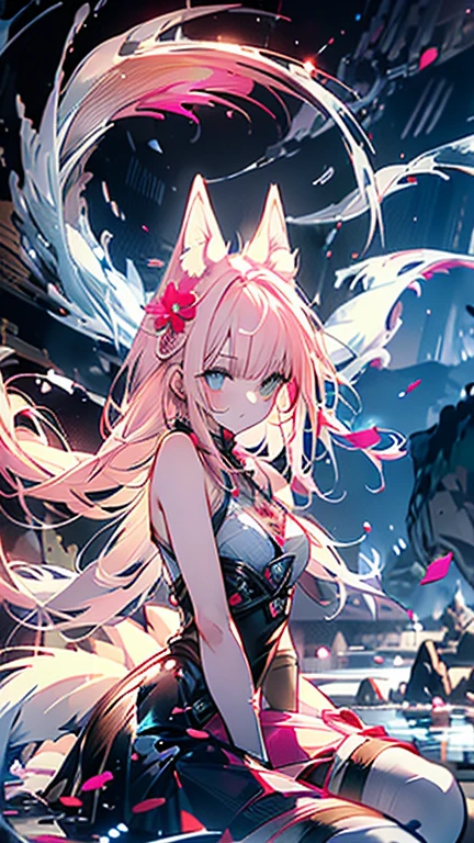 Anime style war, serious style, 1nekogirl, pink_and_white_cat_ears, fox tail, limited palette, long Straight pink hair, detailed blue eyes. Cat face expression. She is a Mercenary with scars, She is riding a white demon wolf. Outdoor scenery. Behind them there is an army. War is coming. She wear a intricate light armour, with blue trasparent veil. She has bare shoulders. They will fight on Red clay. Winter Forest. 