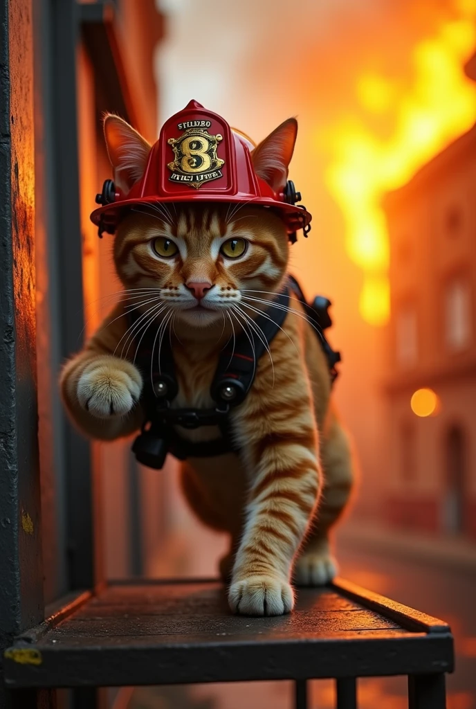 A cat dressed as a fireman is eating a mouse