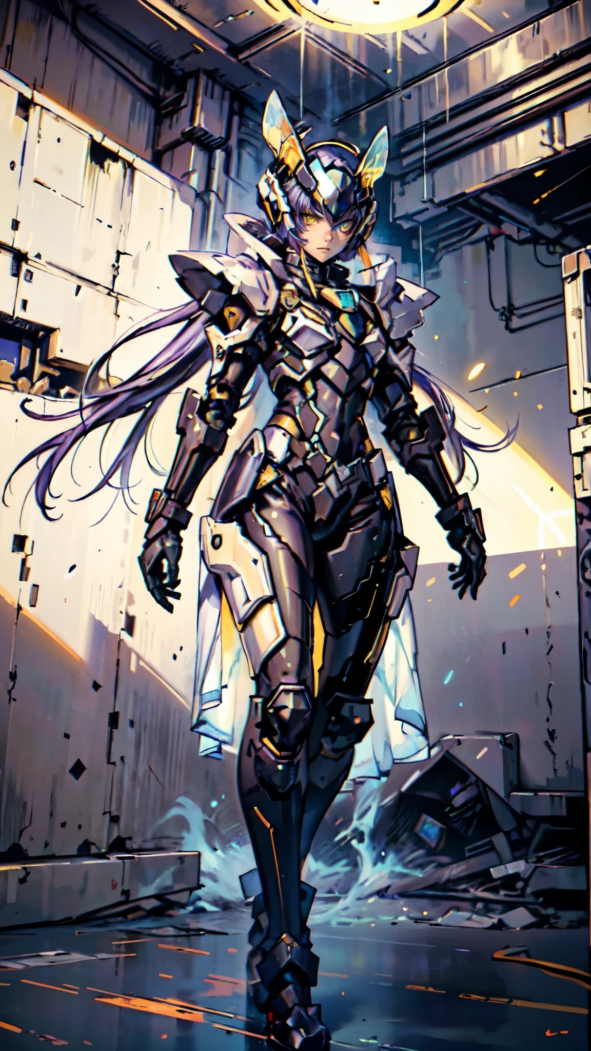 (masterpiece:1.5, best quality:1.5, extremely delicate:1.5), a woman wearing a full-face helmet, high-tech biomimetic armored combat suit, (a composite layered chest armor), the design balances heavy with agility, fully enclosed shoulder guards, matching arm and leg guards, a belt of gemstone, (the color scheme is primarily Purple with Blue and Yellow accents, Organic Biotech, Concept Inspired by queen bee, glowing eyes, armor glows), stand of a futuristic sci-fi city, this character embodies a finely crafted fantasy-style armored hero in anime style, exquisite and mature art style, metallic, high definition, highres, ultra-detailed, ultra-fine painting, professional, perfect body proportions, golden ratio, anatomically correct, symmetrical face, extremely detailed eyes and face, high quality eyes, creativity, RAW photo, UHD, 32k, Natural light, cinematic lighting, (masterpiece-anatomy-perfect:1.2)
