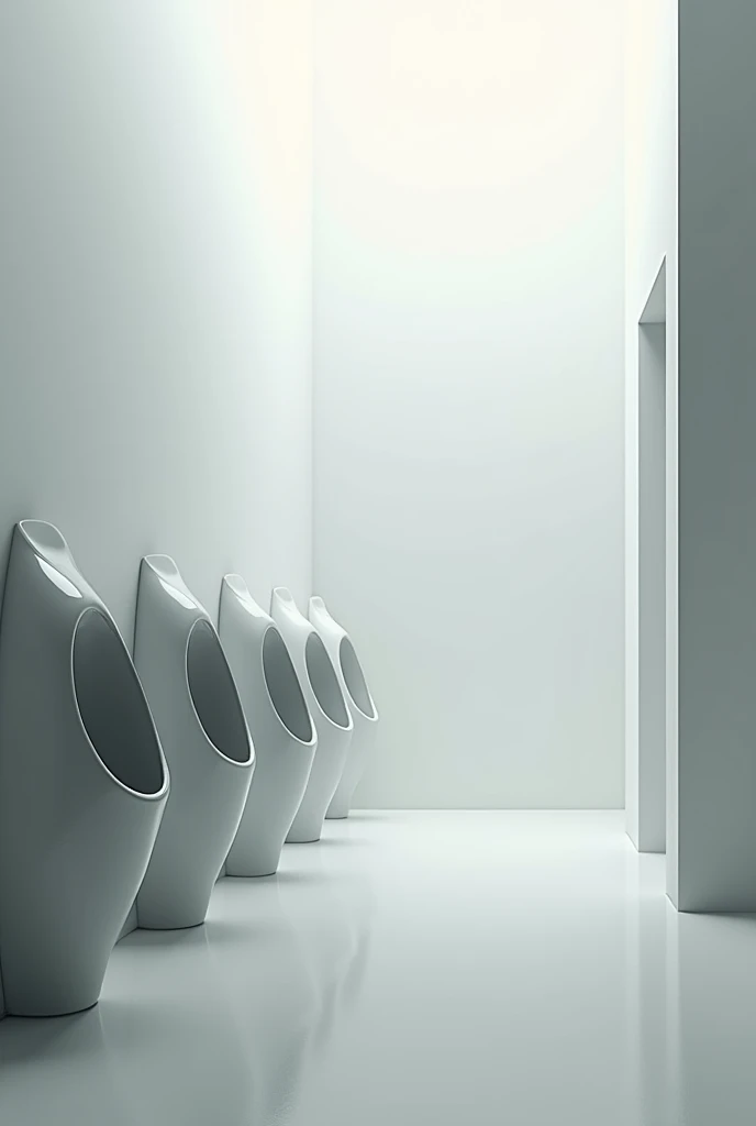 This photograph captures a section of a modern public restroom, The image is a photograph showcasing a close-up view of a corner in a bathroom or a similar indoor space. The primary focus is on a section of a wall covered with white ceramic tiles, glossy finish and a chrome flush mechanism at the top. The urinals are positioned side by side, off-white wall. The urinals are positioned side by side, with very thin, leading the eye into the distance, clinical appearance.