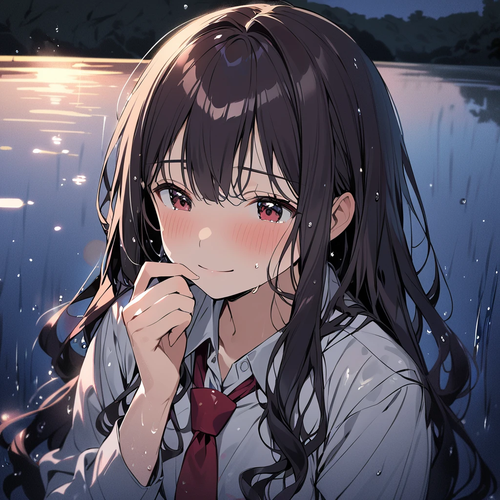  old girl,  black school uniform, red tie,  long hair,  dark brown wavy hair,  Light smile, Shy laugh , Hand in mouth , wet, In the background a lake ,  at night