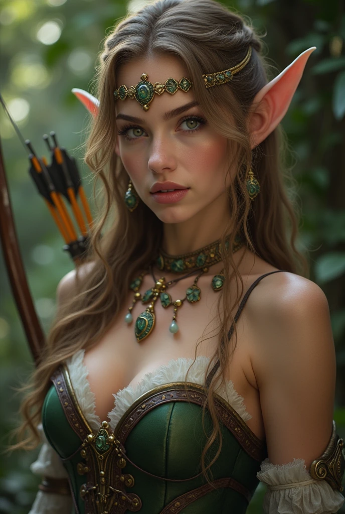 Arrogant river warrior, (Bikini Armor [Golden:Violet:0.5]:1.1), ((Best Quality)), ((Big blue shiny magic necklace:1.1)), 1 female,  (Liv Tyler Faith:1.3), ((Elven ears )), (Sexy seductive poses:1.1), Sexy long legs, (Muscular thighs:1.1), (bangle:1.1), (Bracer:1.1), (Shoulder Braces:1.1), (bare torso:0.8), ((Wide leather belt with a dagger hanging)),  (Strapless bra: [wallet:0.6]:1.2), full red lips, Slim body, Soft white skin, (Large breasts: 1.25), Very narrow waist, (hair long with bangs: 1.2), (Ponytail: 1.4), voluminous lighting, intricate detailes, Dynamic Poses, forest, Narrow River, (Deep dark shadows), (Powerful cinematic lighting), Fine detail, 8k post-production, High resolution, Super Detail, Trending in art stations, Sharp Focus, Depth of field f/1.8,