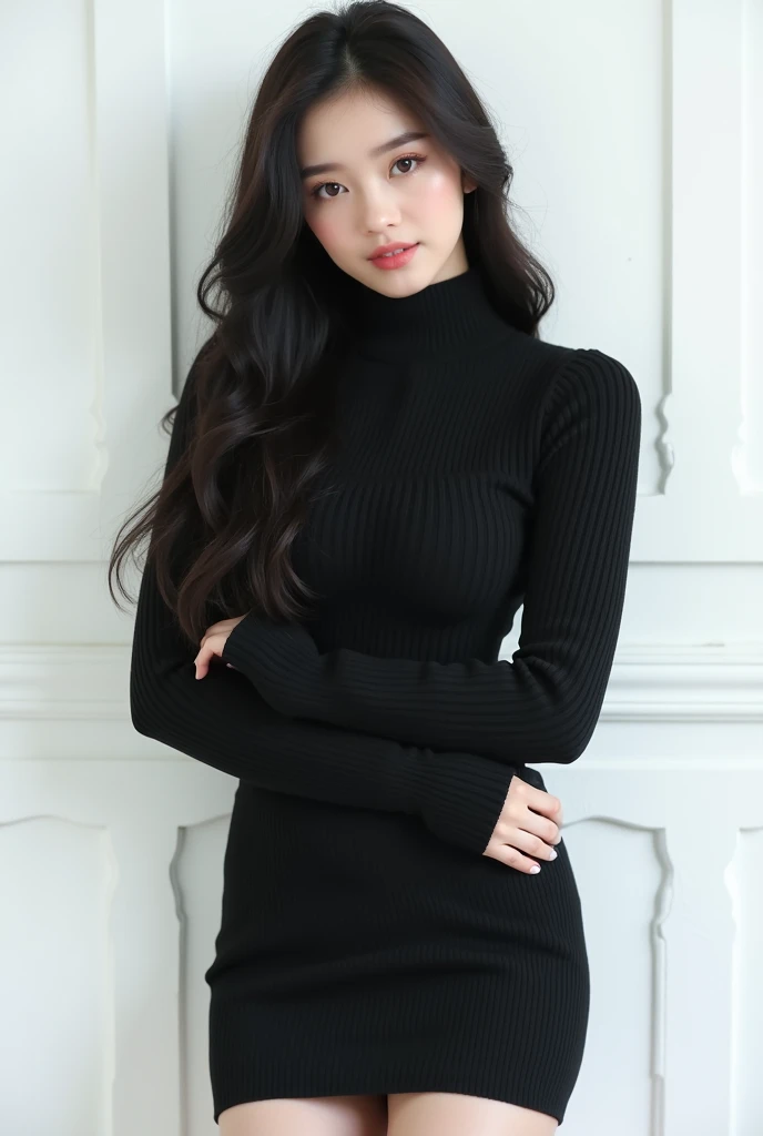 Grey Houndstooth Dress、(Highest quality)、((Very detailed))、4K、(8K)、masterpiece、Very detailedな、Highest quality、Super Resolution、1 person、Kind Face、Soft Light、RAW quality、Soft Skin、163cm、White Room:1.5、Thighs