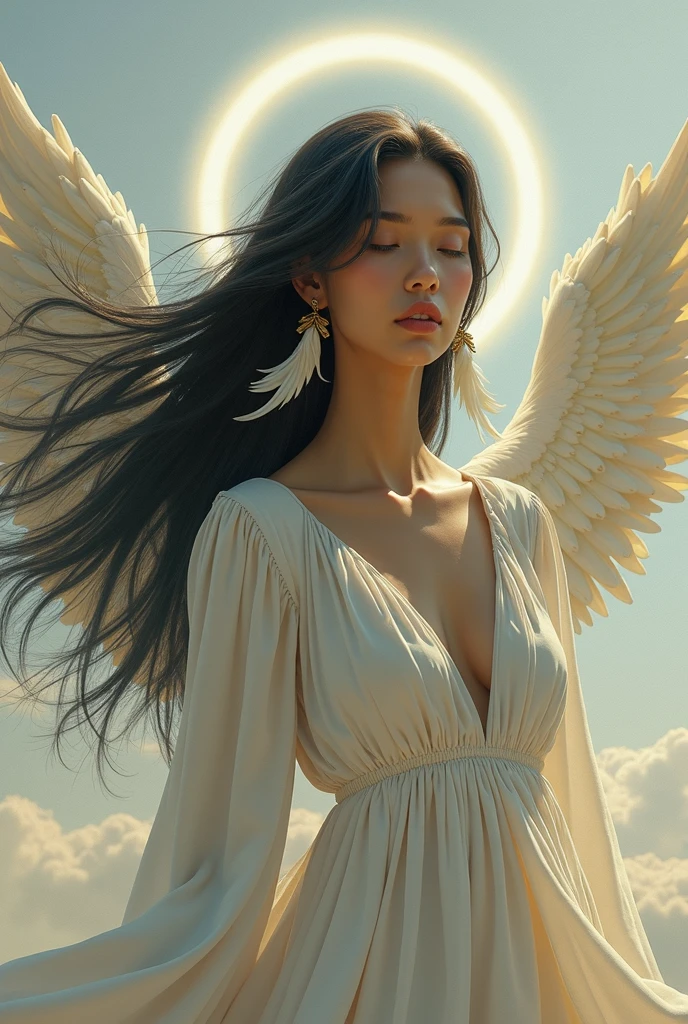 tan skin tone winged angel with black wavy hair in heaven 