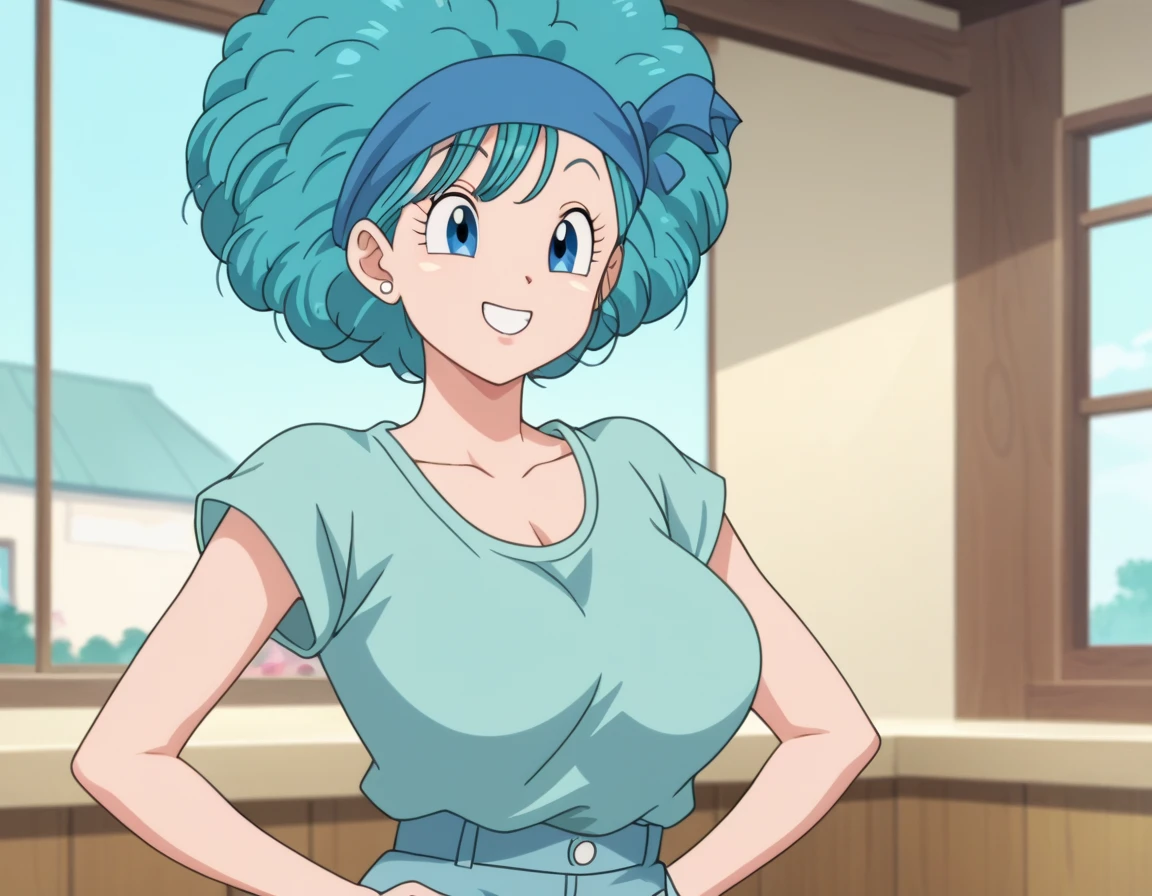 source_anime, score_9, score_8_up, score_7_up, anime screencap, Best quitality, Best faces, ultra detailed, Android saga, bulma, large breasts, curly hair, afro, blue Headband, blue eyes, aqua hair, smile, half Open eyes