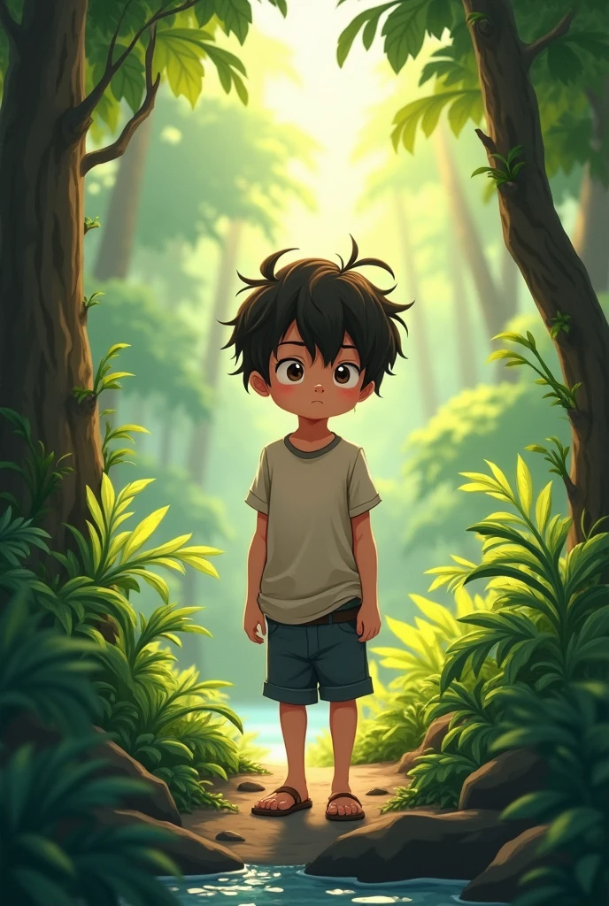Black haired boy barefoot in the sun
