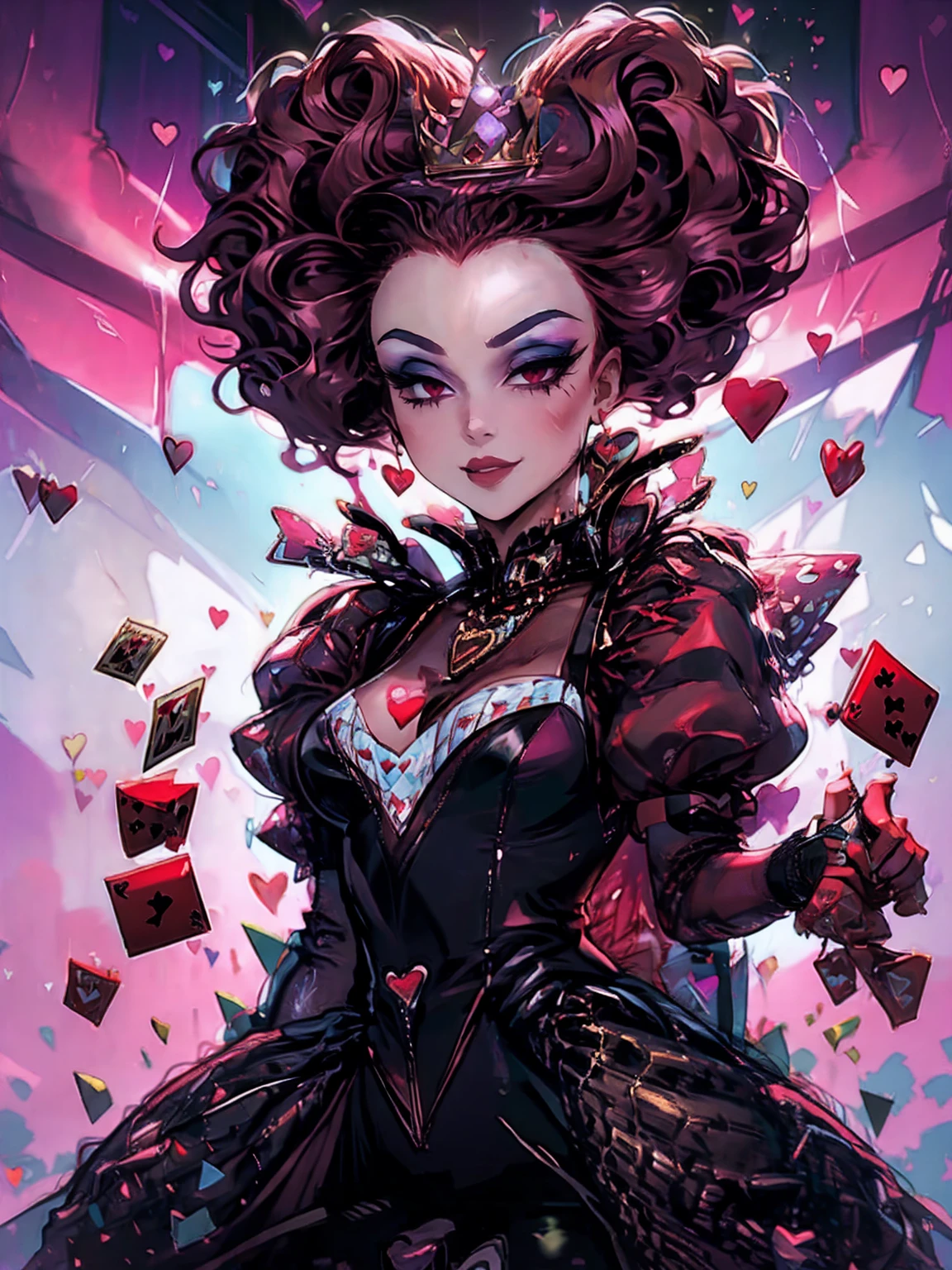 In a luxurious casino, A stunning woman wears an exquisite dress adorned with heart symbols, embodying the royal presence of the Queen of Hearts. Surrounded by a backdrop of poker cards and chips, She exudes confidence and seduction, inviting players to test their luck and skills in the game of chance. perfect hands, perfect fingers, short curly hair, red hair (queen of hearts), smiling,large smile, laughing, upper body,