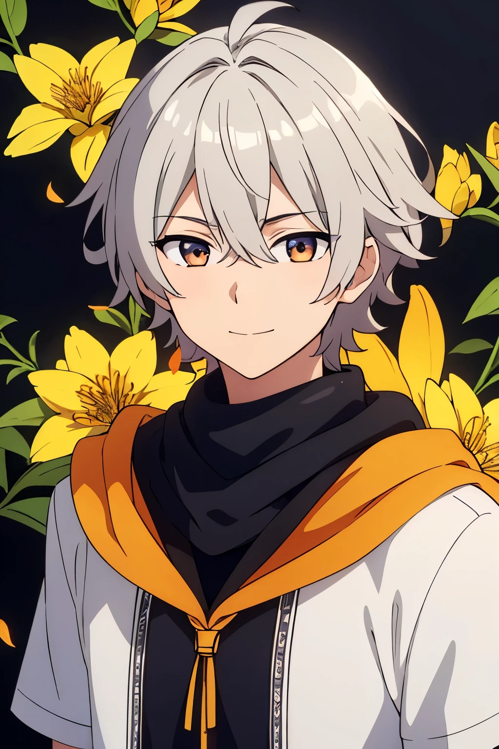 (high-quality, breathtaking),(expressive eyes, perfect face) 1boy, portrait, male, solo, teenager, white silver hair, golden highlights, symmetrical eyes, symmetrical ears, soft wavy hair, short hair length, cute smile, kind face, blue scarf, black t-shirt, white jacket, short sleeves, orange trim, open jacket, black background, plain blackground, golden yellow flowers, petals, hair ornaments, flower ornaments, hair flowers, narrow eyes, flowers covering body
