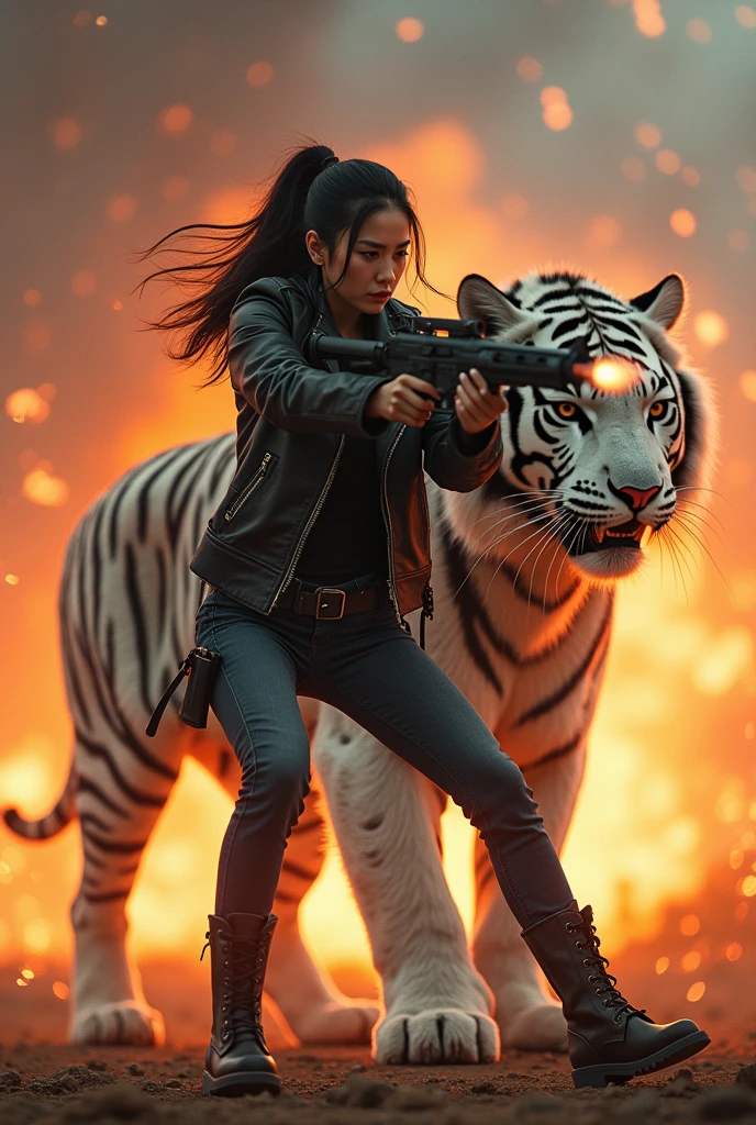 An oversized tiger with glowing green eyes stares at a Thai woman with long black hair, wearing a hiking outfit, dark brown tight pants, standing facing her holding an M16 rifle. Her body is covered in wounds and blood in a waterfall cave.