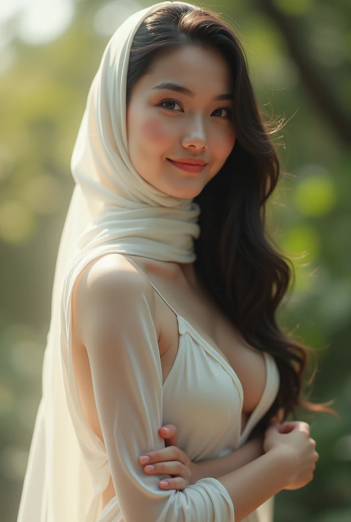 ((best quality, 8ก, Masterpiece :1.37)), (wearing hijab girl), girl wearing hijab, bare chest, position:Standing style, (เด็กผู้หญิงที่wearing hijab muslim), Beautiful face, Topping, 18 year old girl, black hair, Extraordinarily detailed face, Extraordinarily detailed body, Slim shape, smiling lips, Beautifully detailed eyes, Korean eyes, Fine nose, natural lips, ((smiling lips)), Smiling faces, wearing hijab muslim, jubba thobbe fancy, (Full body photo 1.1), view of the blue sky, Slim shape, Erotic body, (strip naked), realistic face, White lace panties