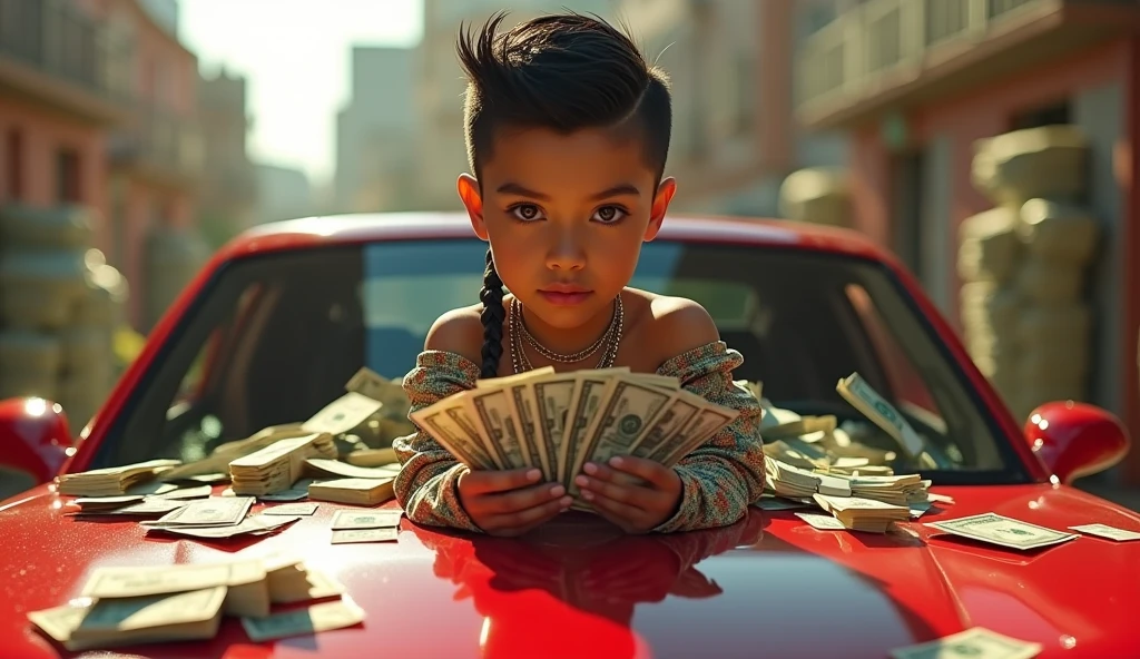 Begraund in super cars like audi, supra , Lamborghini, dugd challenger, a boy sitting on the inside car front bonat , boy t- shirt colour is sky-blue, on t-shirt name text ' SANJU '  in boy hand loud of money, boy age 16-17,
