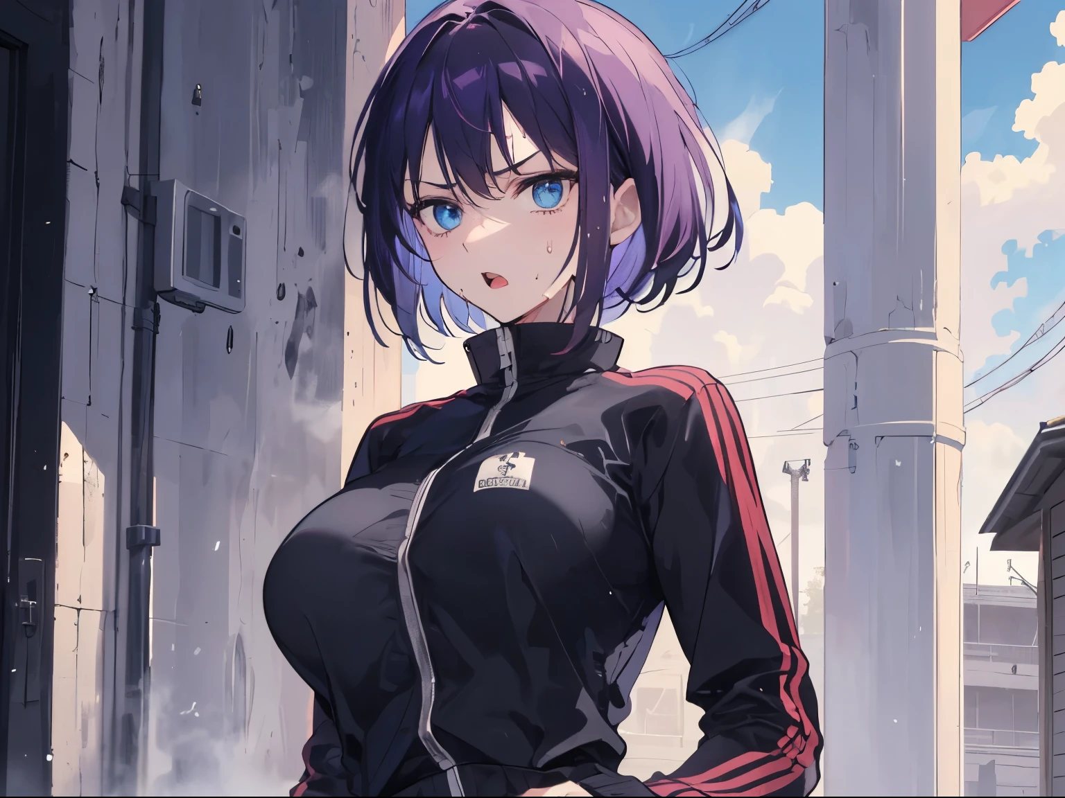 (serious, glaring, open mouth), 1 girl, upper body, (facing viewer, looking viewer), (blue eyes), ((sanpaku)), (purple hair, straight hair, very short hair, large breast), (((black sweatsuit))), (promenade, outdoor), Sharp Focus, (Best Quality, masterpiece, detailed, facial focus), (solo shot), standing straight, ((waist)), sweat, standing straight