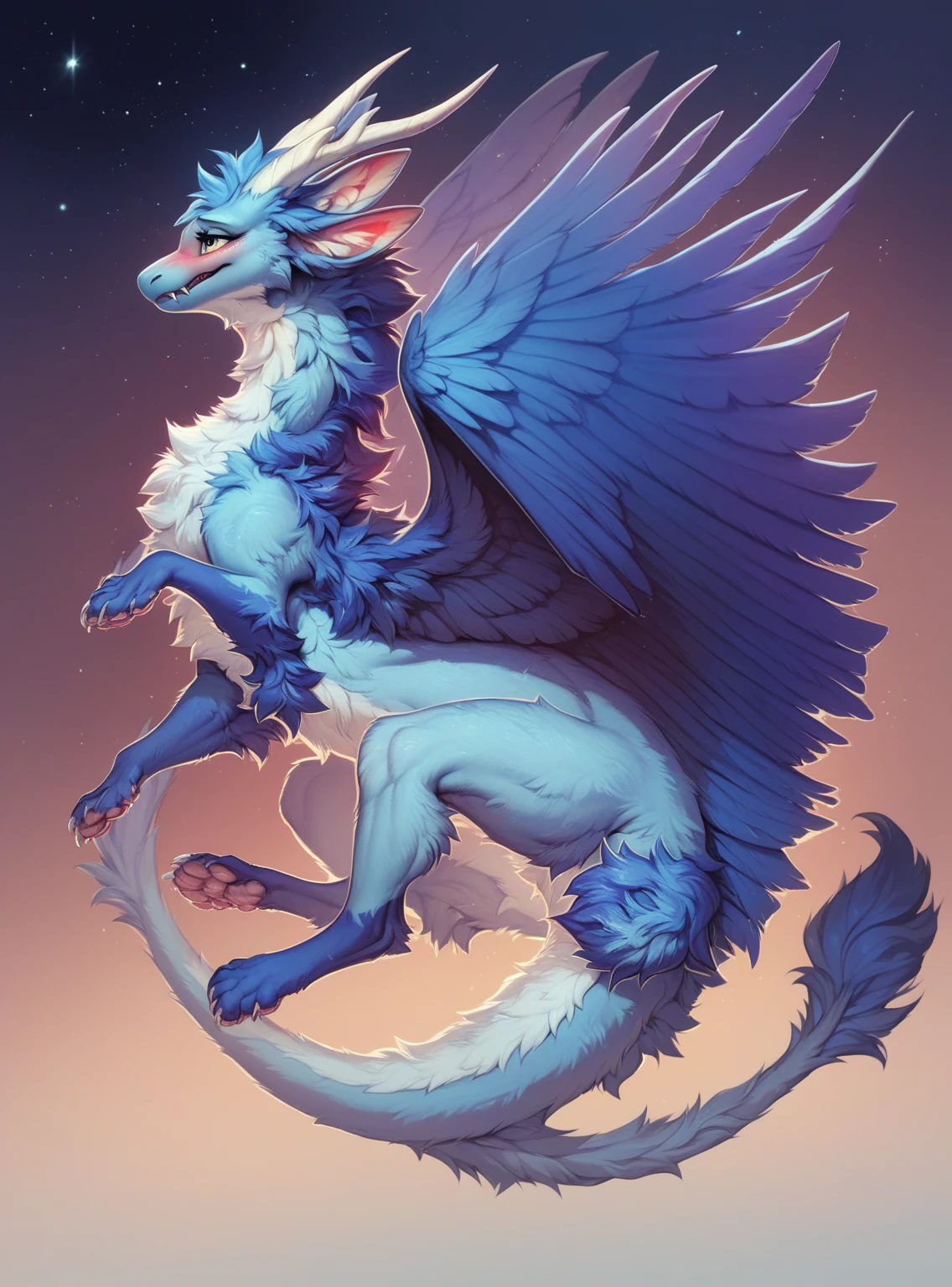 furry art, feral, furred dragon, female, full body, white and blue fur, thicc, wings, horns, tail, chest fluff, paws, fangs,  ton back, legs spread, close up, embarrassed, happy,  staring off into space, extra fluffy,  staring off into space, extra fluffy, quadruped, 